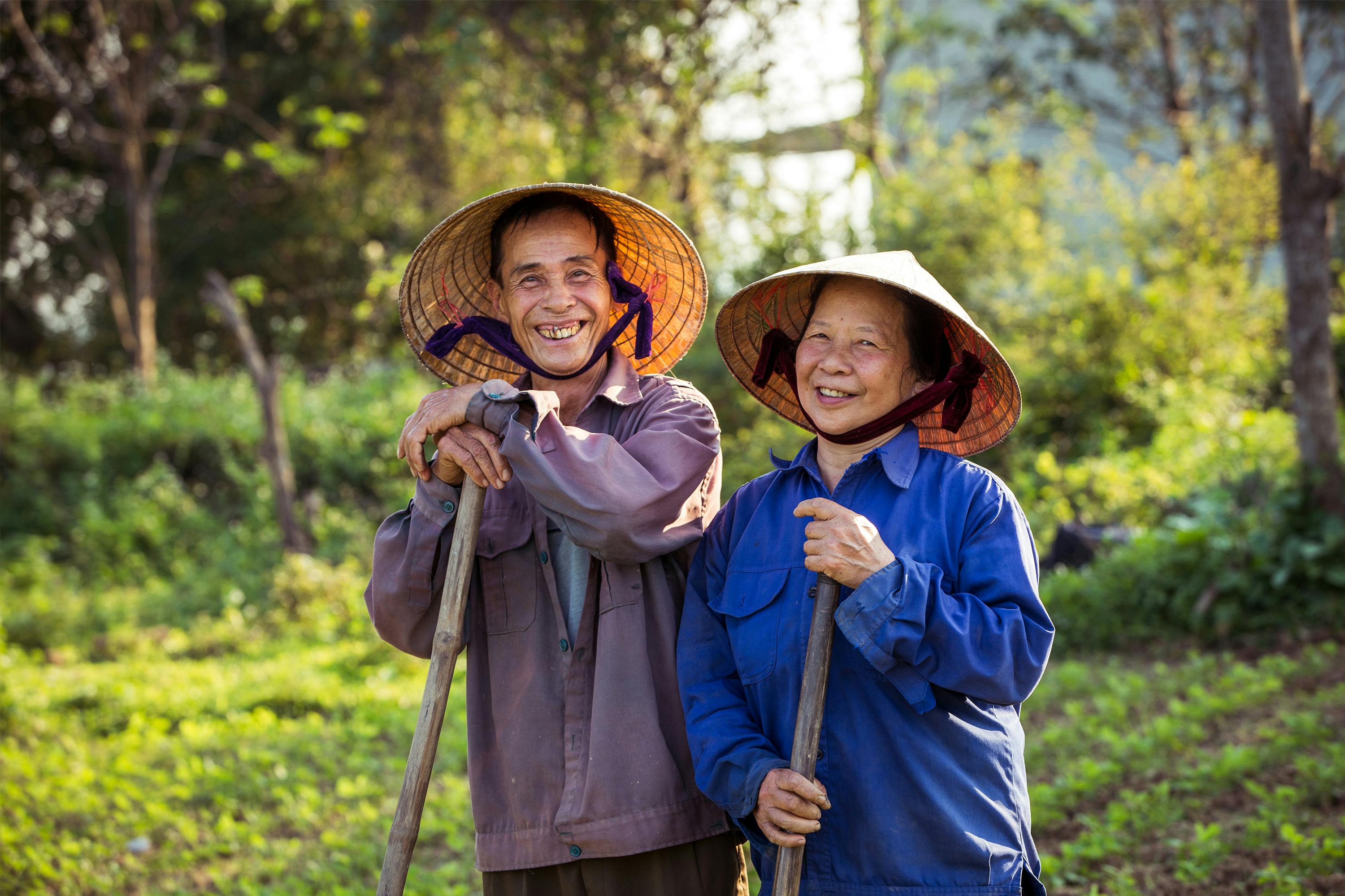Two rice farmers in a field in front of trees